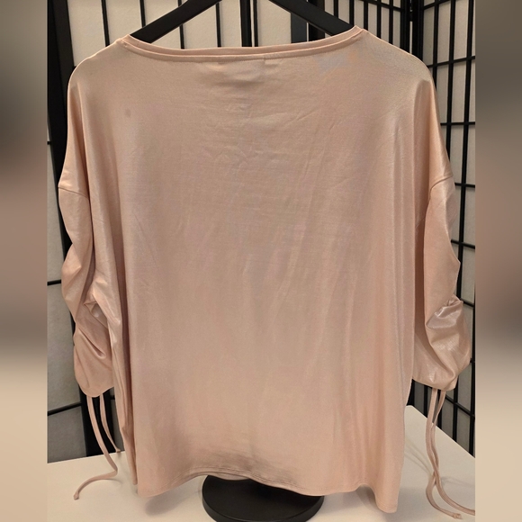 Jennifer Lopez Elegant Women's Champagne Pearl Ruched Sleeve Blouse ~ Size Large - Picture 4 of 9